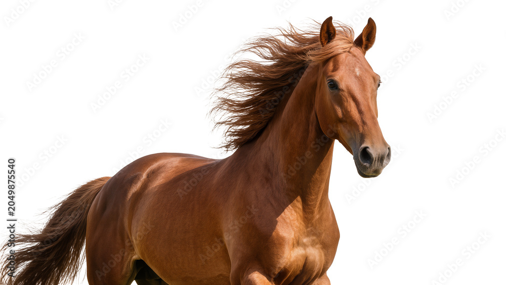 Obraz premium Brown horse with flowing mane and tail, isolated on transparent background