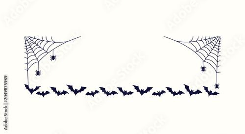 Quadro su tela Halloween border with spider webs, hanging spiders and flying bats silhouette on