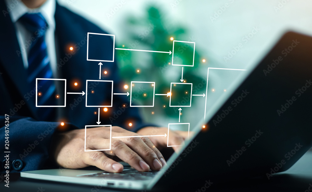 Fototapeta premium Professional businessman using a laptop with a digital flowchart overlay. This conceptual image represents business process management, workflow automation, strategy planning, digital transformation
