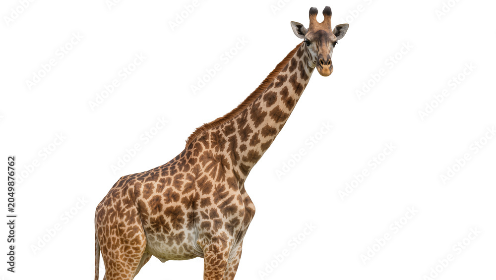 Fototapeta premium Majestic giraffe with distinctive brown and tan patterned coat, isolated on transparent background