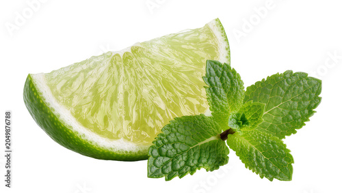 Schilderij op canvas Fresh lime slice with vibrant green mint leaves, isolated on transparent backgro