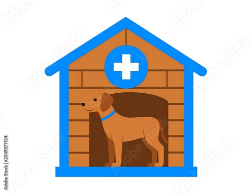 A brown dog with a blue collar stands in a brown brick pet house with a blue roof and a white cross on a blue circle