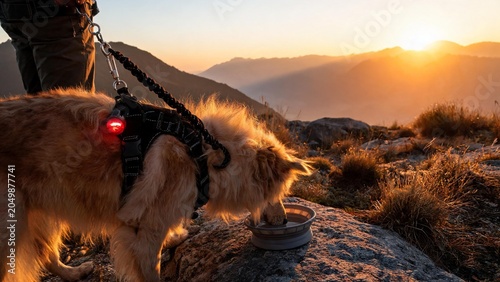 A warm golden-hour mountain ridge scene where a leashed dog in a reflective harness with a small LED beacon hydrates from a collapsible bowl. Clear visibility and unbranded gear with crisp details