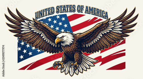 Schilderij op canvas Bald Eagle Spreads Wings Over American Flag, United States of America Text