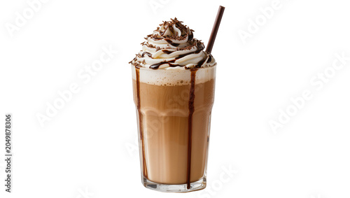 Tableau sur toile Tall glass of iced mocha with whipped cream chocolate drizzle and shavings, isol