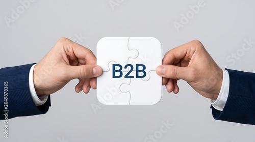 Professional hands connecting puzzle pieces spelling B2B, symbolizing business-to-business partnership and collaborative strategy for growth