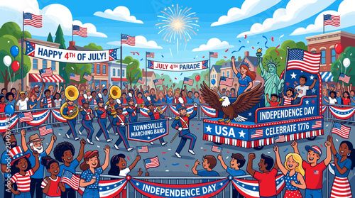 Tableau sur toile 4th of July Parade Celebration: USA Independence Day Festivities with Marching B
