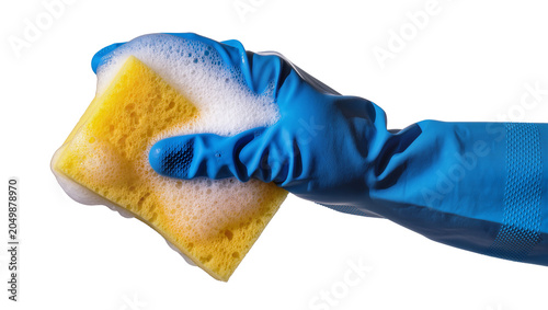 Bild auf Leinwand Blue rubber glove holding soapy yellow sponge, isolated on transparent backgroun