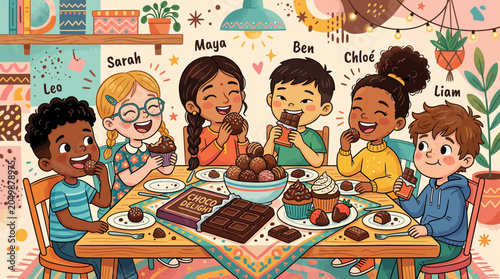 Foto Diverse Kids Enjoying Chocolate Treats at a Festive Table