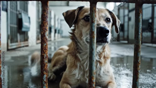 Brown and white mixed breed dog looking through rusty metal bars in wet enclosure
