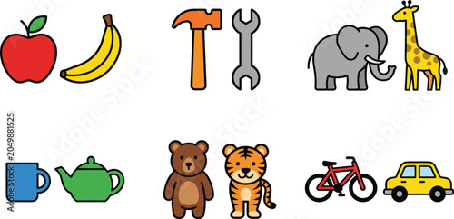 Photography Comprehensive Vector Flat Icon Set Featuring Fresh Fruits, Hardware Hand Tools,