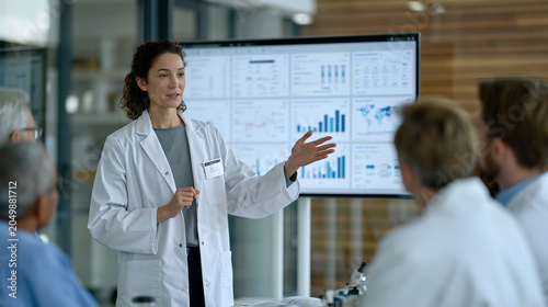 Hospital informatics specialist presenting AI sepsis surveillance dashboard to surgical team in glass-walled conference room adjacent to intensive care unit, afternoon sun casting long shadows acros