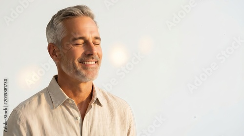 Middleaged man with gray hair smiling with eyes closed