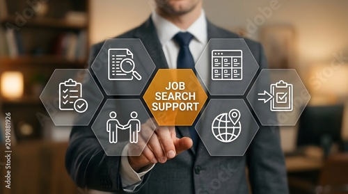 Professional businessman interacts with a glowing digital interface showcasing various icons related to effective job search support and career development opportunities.