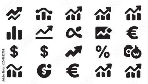 Tableau sur toile Set of black business analytics icons depicting various charts graphs and currency symbols
