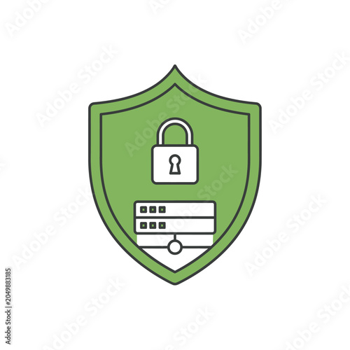 Green shield icon with padlock and server rack illustration