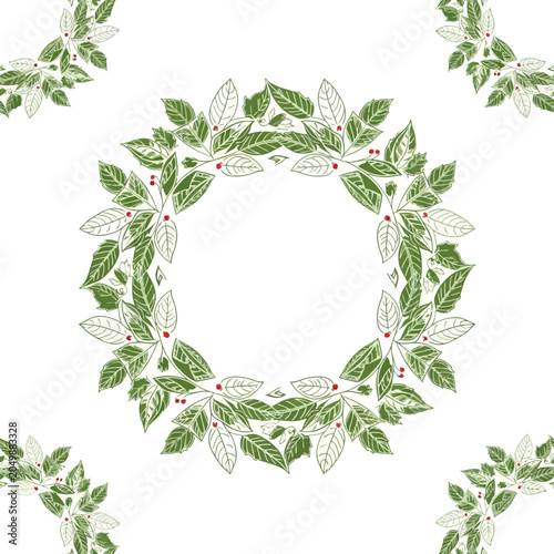 Hand drawn botanical leaf wreath frame on white background