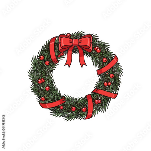 Hand drawn Christmas wreath with red ribbon and berries