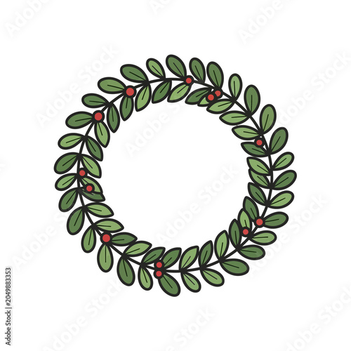 Hand drawn circular laurel wreath with green leaves and berries