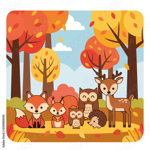 Cute woodland animals in autumn forest. Fox, squirrel, owls, hedgehog, deer.