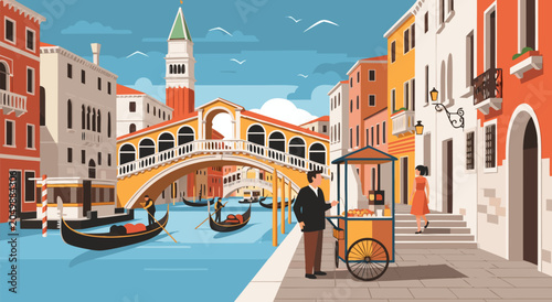 Venice Italy City Canal Vector Illustration Featuring Rialto Bridge and Traditional Gondolas in a Sunny Historic European Travel Destination Scene