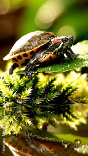 Close up of a small turtle resting on green moss by calm water