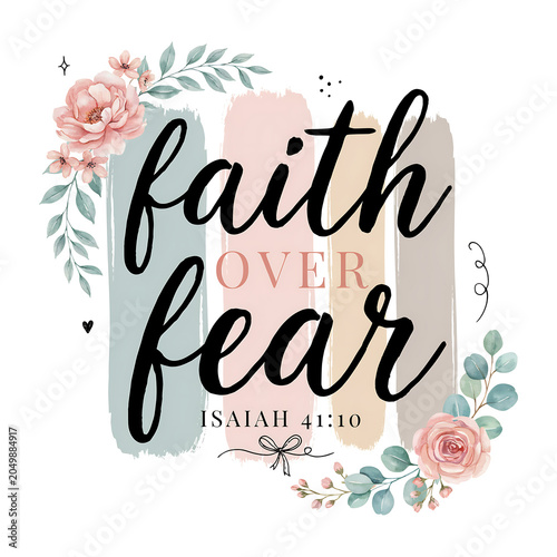 Faith Over Fear Christian Bible Verse Typography with Floral Watercolor Design