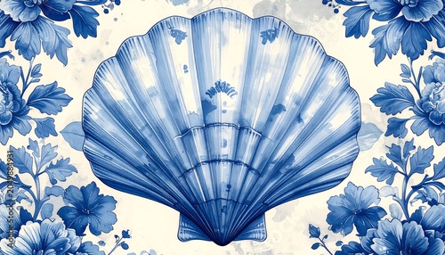 A blue scallop shell surrounded by blue flowers on a white background