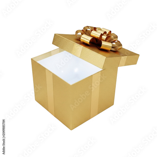 Open gift box with golden ribbon and bow