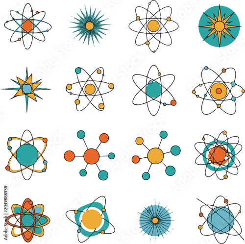 Mid century modern atomic age shapes icon set retro 1950s starburst and nucleus science symbols vector illustration