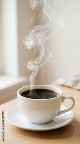 Steaming hot cup of coffee on wooden table