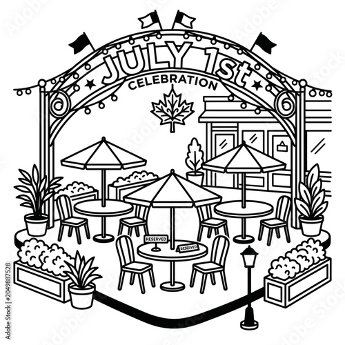 Canada Day July 1st celebration outdoor patio scene coloring page line art illustration.
