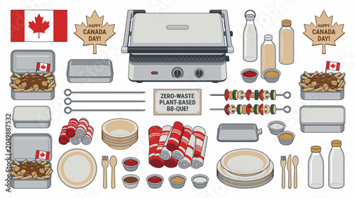 Canada Day picnic set with plant-based grilling equipment and red maple leaf decorations.