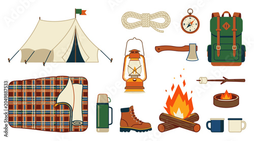 Camping and hiking equipment flat design icons set for outdoor adventure themes.
