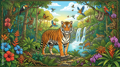 Photography Majestic Tiger in Lush Tropical Rainforest with Waterfall and Exotic Flora & Fau