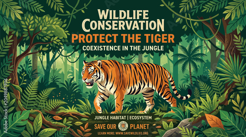Schilderij op canvas Tiger Walking in Lush Jungle Habitat, Wildlife Conservation, Protect Endangered
