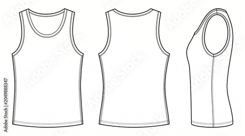 Blank Tank Top Vector Technical Illustration Flat Sketch with Front Back and Side Views for Apparel Design Mockup Templates and Fashion Production CAD