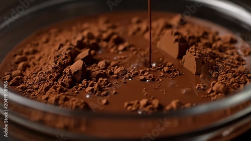 Liquid chocolate pours onto a mound of rich cocoa powder. Creating a delicious, smooth, and decadent chocolate mixture.