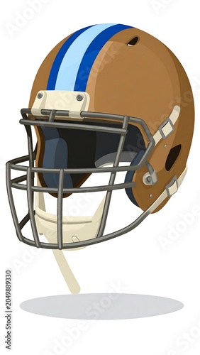 A brown football helmet with a blue stripe and white face guard floats on a gray shadow against a white background