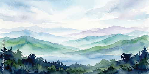 Canvastavla Watercolor scenery of mountains and lake with foreground pine trees watercolor i