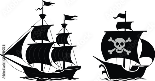 Schilderij op canvas Classic Pirate Ship Silhouette Collection with Jolly Roger Flag and Sailing Vess