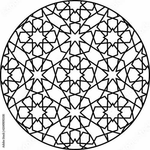 Circular geometric star pattern with intricate interlocking lines.