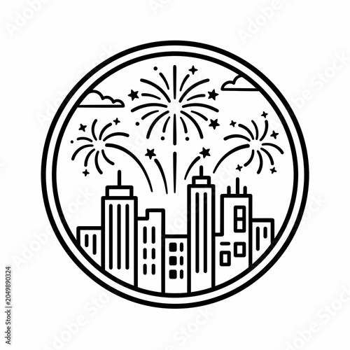Circular line art cityscape illustration featuring a festive fireworks display.