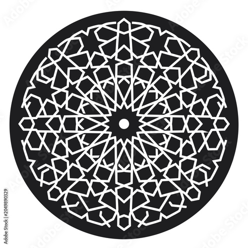 Circular Geometric Islamic Mandala Pattern in Black and White.