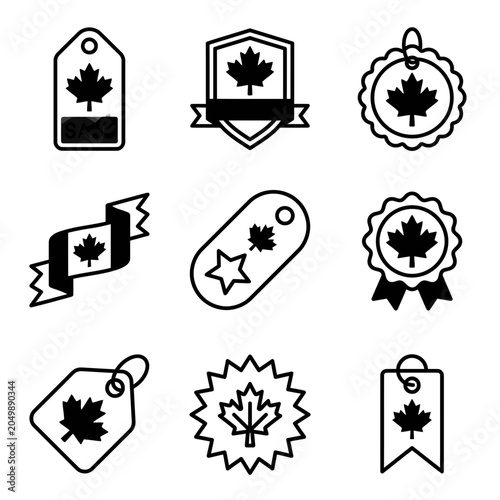 Canadian maple leaf badges, labels, and price tags line art collection.