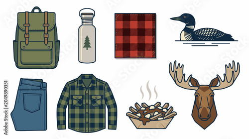 Canadian themed camping gear and traditional icons.