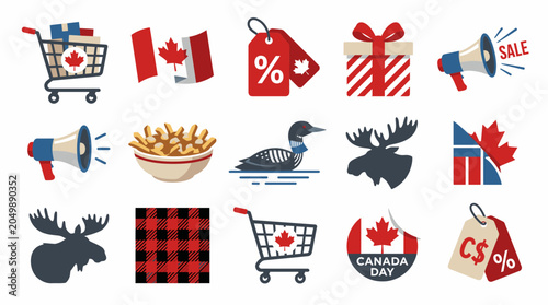 Canadian symbols and shopping icons set for national holiday sales and events.