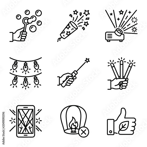 Celebratory events and magic entertainment line icons set.