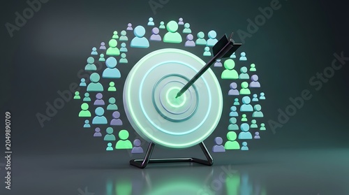 Target audience concept with 3D bullseye hit by an arrow surrounded by diverse user avatars on dark background