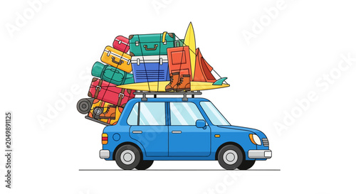 Blue car overloaded with luggage for vacation trip, travel adventure concept